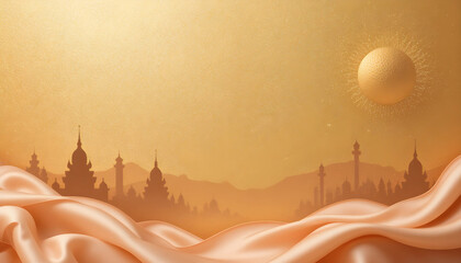  Background featuring temple bell silhouettes, shimmering golden textures, and pastel peach silk folds.