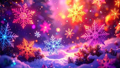 Festive digital art showcases vibrant, glowing snowflakes descending over snow-covered fir branches, creating a magical winter scene with a soft, blurred background