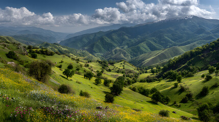 Obraz premium Green mountain valley with wildflowers under dramatic sky