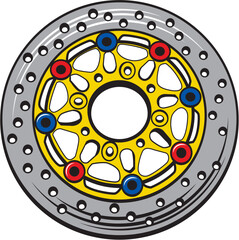 Fototapeta premium Vibrant vector illustration of a performance motorcycle brake rotor, displaying its precision engineering for effective stopping power and control. Automotive component for enhanced safety