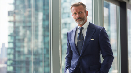 Middle-Aged Male Executive in Suit on Modern Office Background