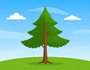 Obraz premium Cartoon fir tree on a hill against a clear sky