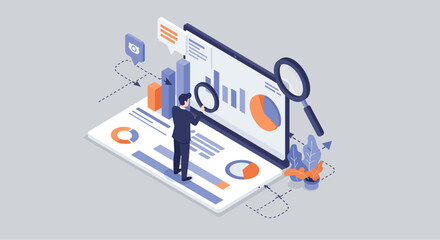 Vector art of business analytics concept with a person analyzing charts and graphs on a tablet with a magnifying glass