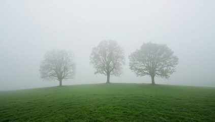 A serene landscape three bare trees stand on a foggy green hill