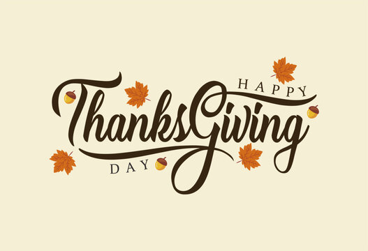Elegant Thanksgiving typography with autumn leaves and acorn. Perfect for Thanksgiving 2025 greeting cards, posters, and seasonal holiday designs.
