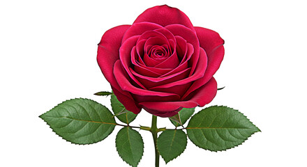 Fototapeta premium A single red rose with green leaves isolated on transparent background