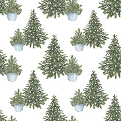 Watercolor seamless pattern with Christmas tree with gold garland on white background. Forest evergreen fir or pine for sticker or card. Hand-drawn art for New Year celebration wrapping or wallpaper