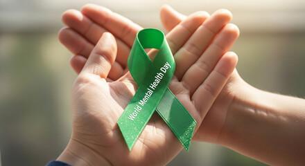 Hands holding a green ribbon symbolizing World Mental Health Day, promoting awareness and support
