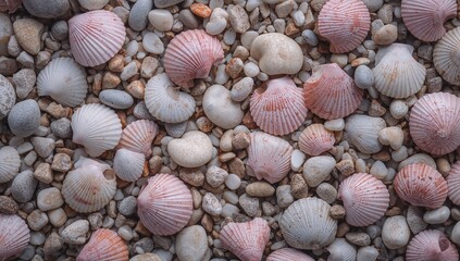 A colorful assortment of various seashells and small pebbles on the beach