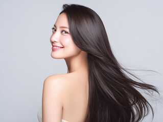 Naklejka premium 美髪が際立つアジア人女性のナチュラルな美容ポートレート