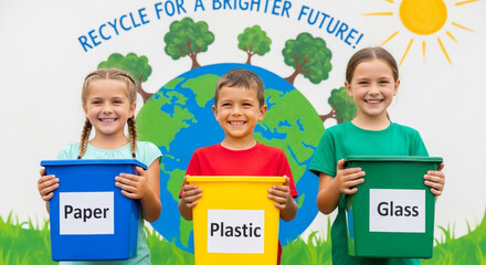 Happy children holding recycling bins for paper, plastic, and glass, promoting a brighter future and environmental awareness