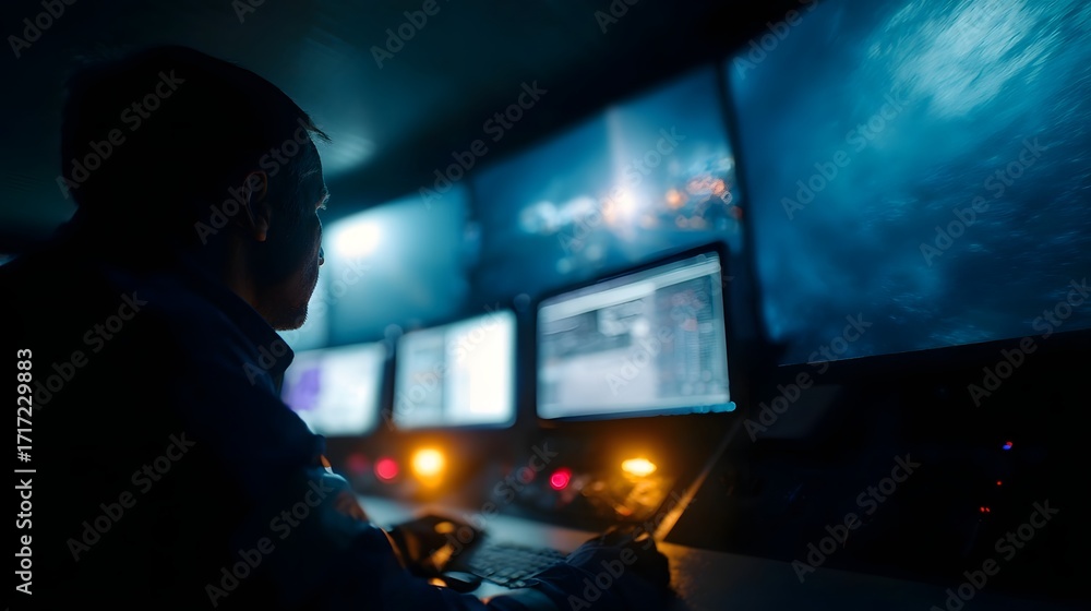 Poster operator in a dark control room monitors complex data and underwater scenes on multiple screens
