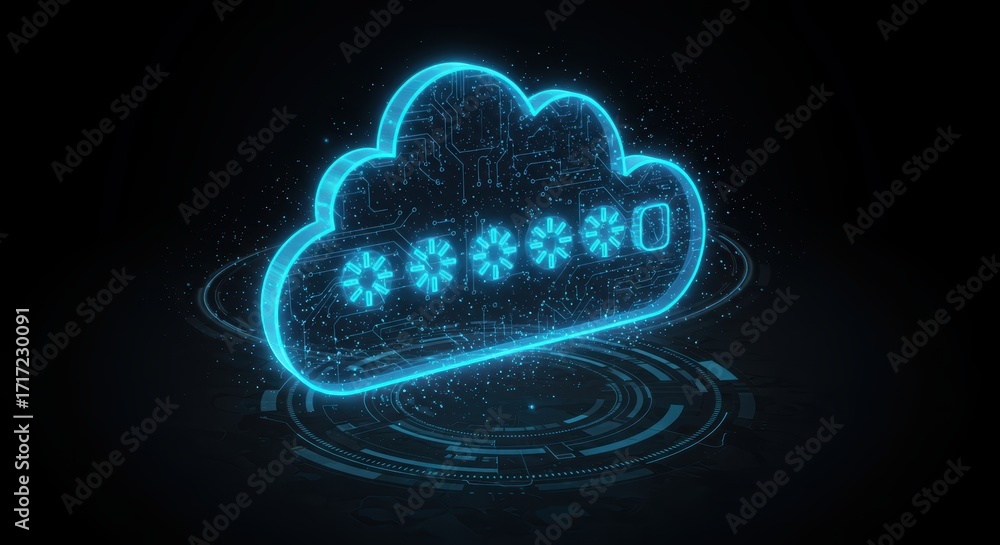Poster a vibrant blue digital cloud icon containing asterisk symbols as a password glows against a dark bac