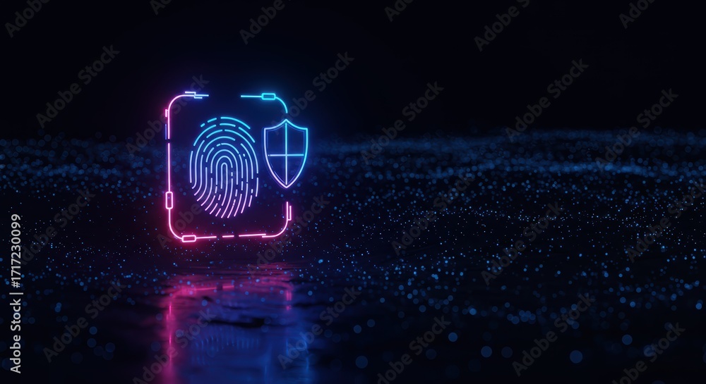 Poster neon fingerprint scanner and shield icon glows against a dark backdrop symbolizing data security and