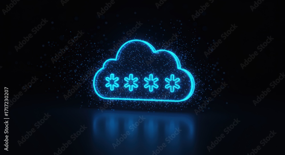 Poster an illuminated cloud icon with asterisks floats above a reflective surface, representing secure data