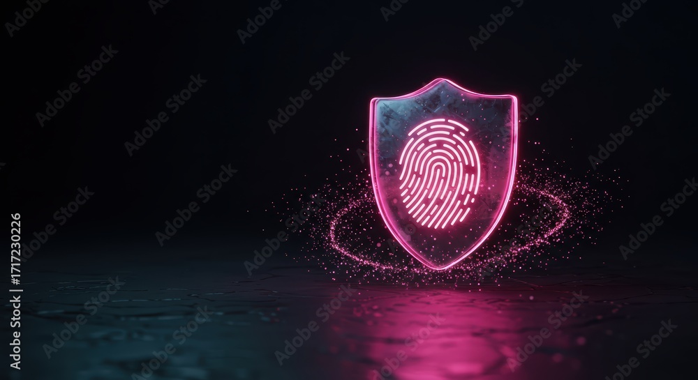 Poster a glowing pink fingerprint icon sits within a shield, surrounded by digital particles, symbolizing b
