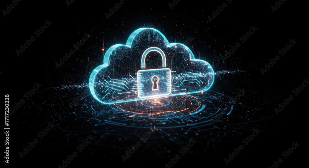 Poster digital cloud security lock illuminates within a futuristic cyber interface, safeguarding data with 