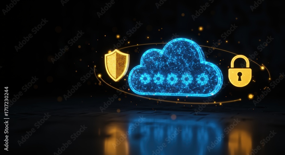 Poster a glowing digital cloud containing a complex password is secured by a shield and padlock representin