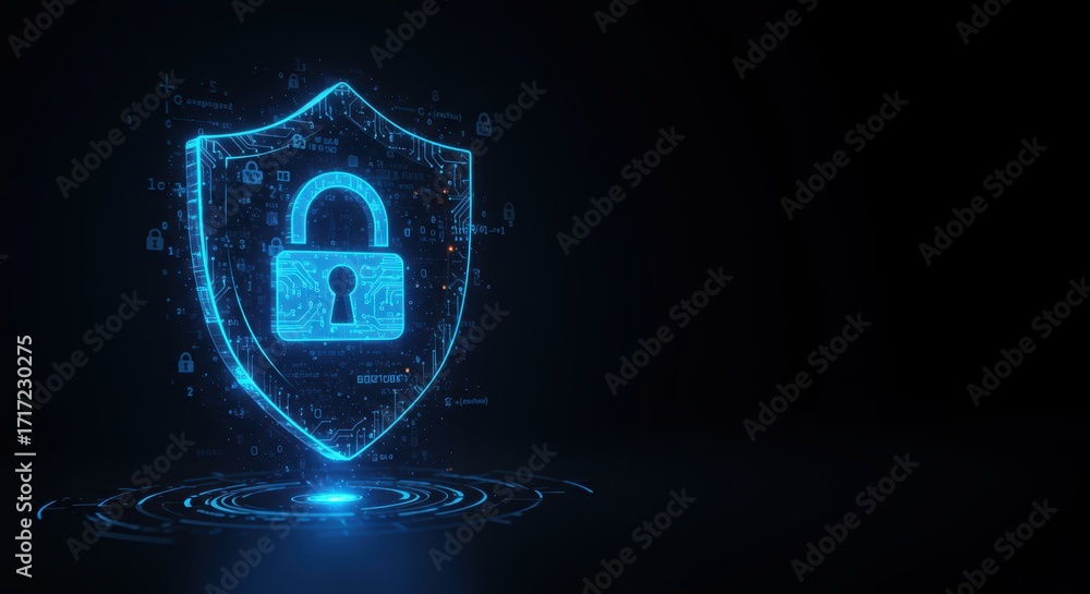 Poster glowing digital shield with a padlock hovers over a glowing platform against a dark backdrop symboli