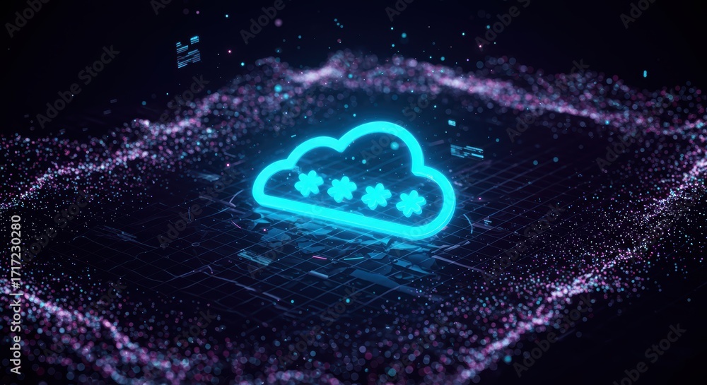 Poster the vibrant blue cloud computing symbol surrounded by a dynamic digital particle field signifies adv