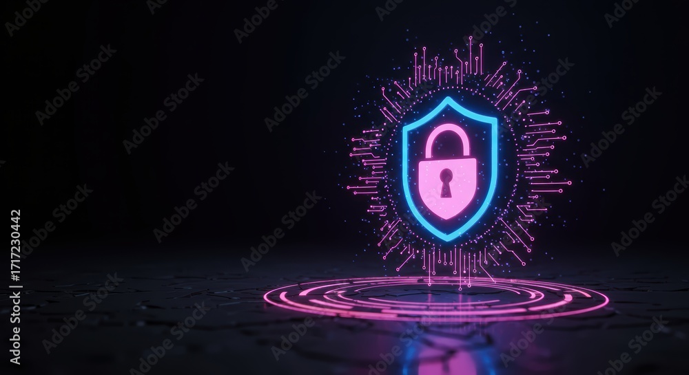 Poster a neon pink and blue digital shield with a padlock stands guard on a circular platform, illustrating