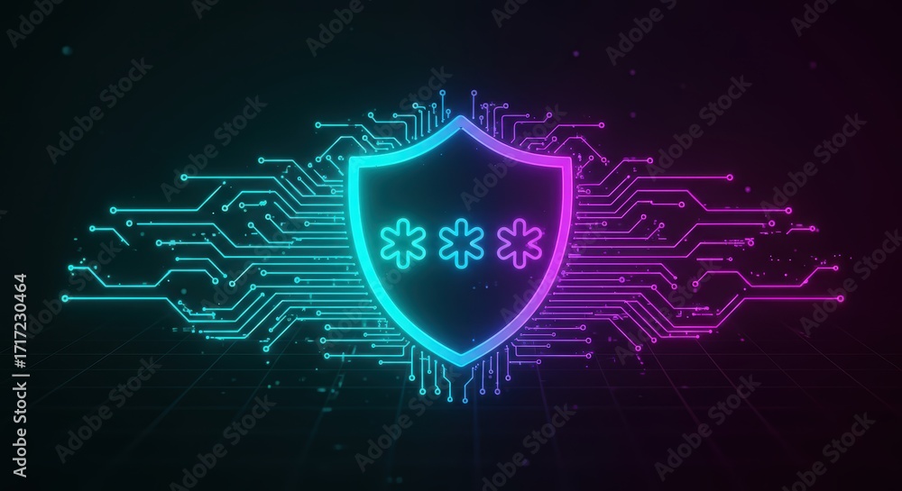 Poster digital shield with asterisks, representing online security and data protection against cyber threat