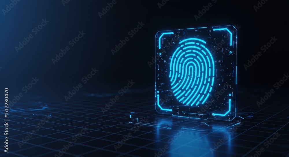 Poster a luminous fingerprint symbol hovers above a digital grid against a dark backdrop, representing secu