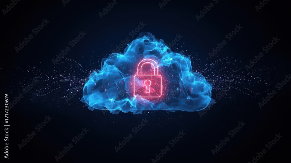 Poster a mesmerizing digital illustration showcases a secure cloud computing concept with a glowing padlock