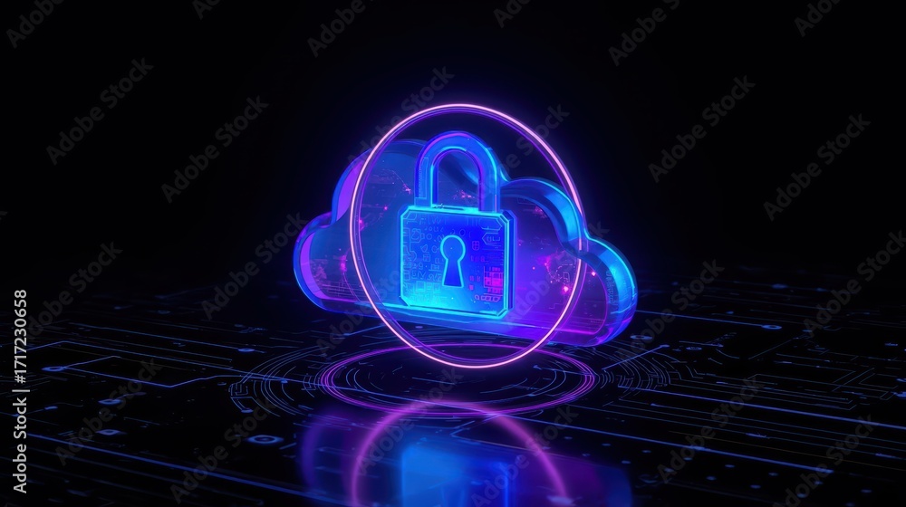Poster a glowing neon cloud with a padlock symbolizes secure cloud computing and data protection on a dark 