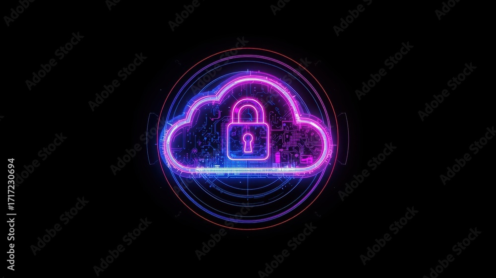 Poster a glowing neon cloud icon with a padlock inside represents secure data storage and cybersecurity wit