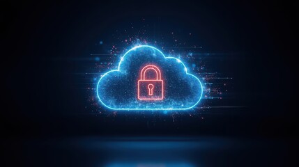A vibrant, glowing cloud with a prominent padlock icon shines against a dark background, symbolizing secure data storage and modern cloud technology solutions.