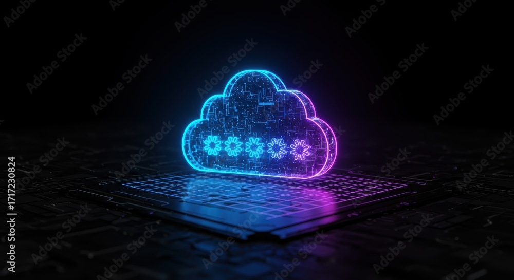 Poster a glowing neon cloud with gears inside symbolizes secure password protection for online data storage