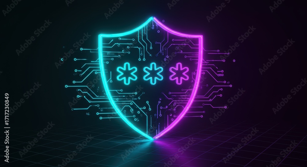 Poster a glowing neon shield icon with circuit board patterns and asterisks represents digital security and