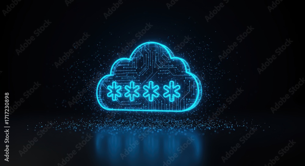 Poster a glowing neon cloud symbol with asterisks inside represents secure cloud computing data encryption 