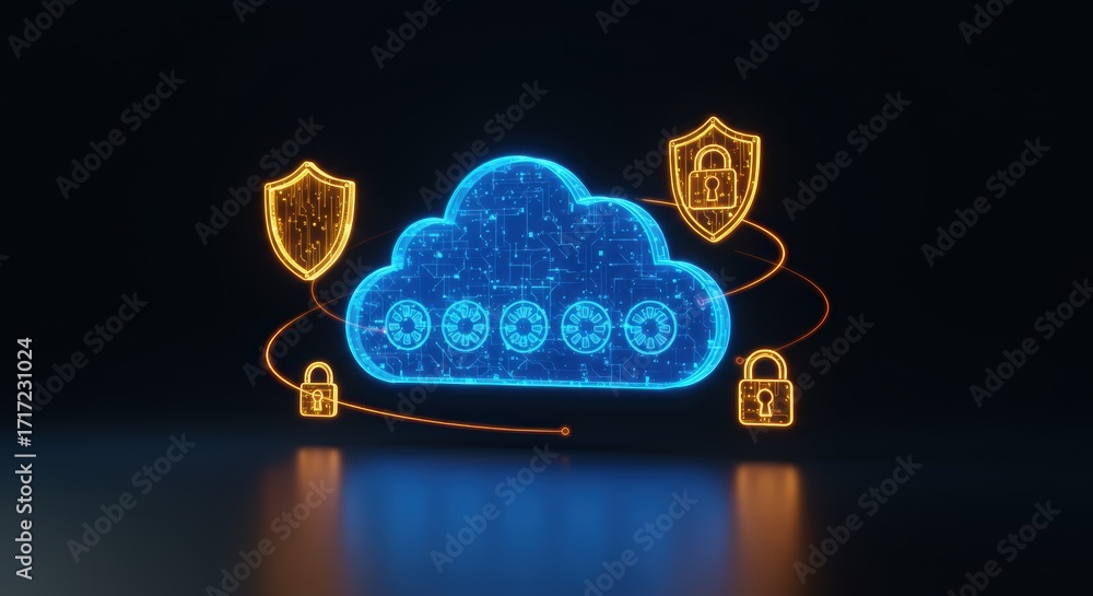 Poster a glowing blue cloud with a keypad and digital lines connects to golden shield and padlock icons on 