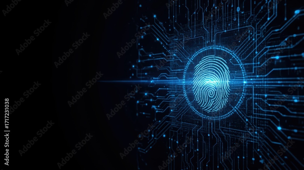 Poster a glowing blue fingerprint is centered in a circuit board design symbolizing biometric security and 