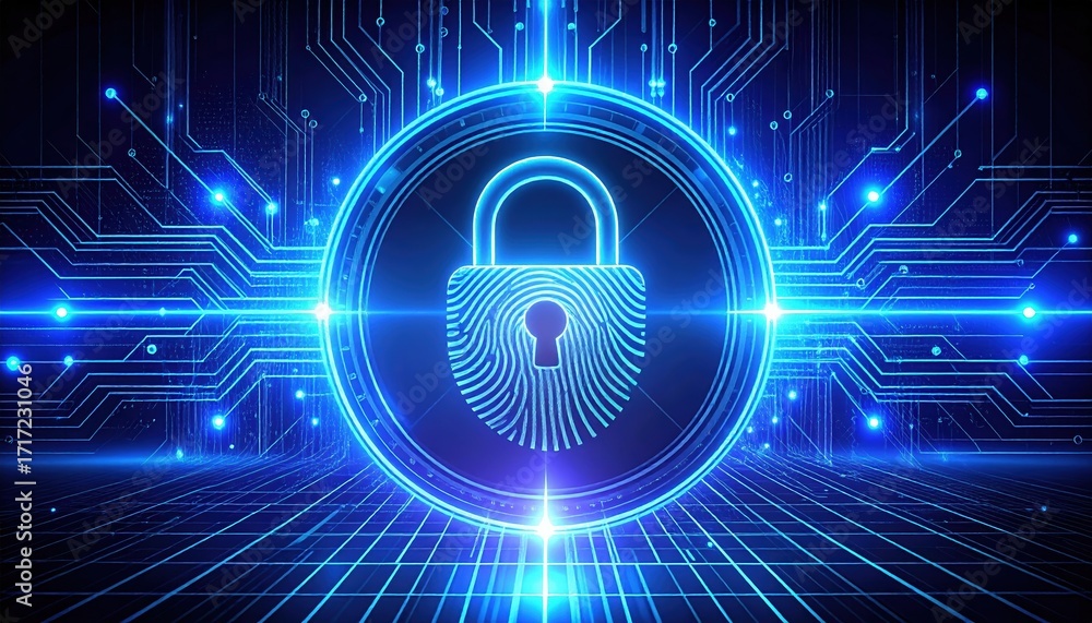 Poster an illuminated digital padlock with a fingerprint design is glowing inside a circle on a futuristic 