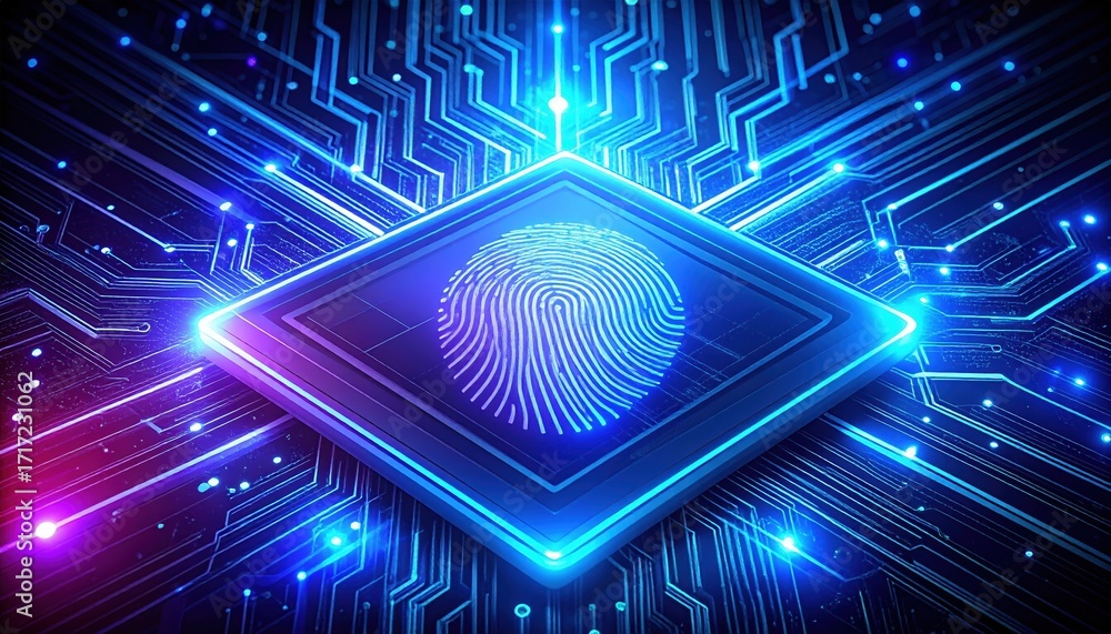 Poster a futuristic digital fingerprint authentication system glows with vibrant blue and pink hues, showca