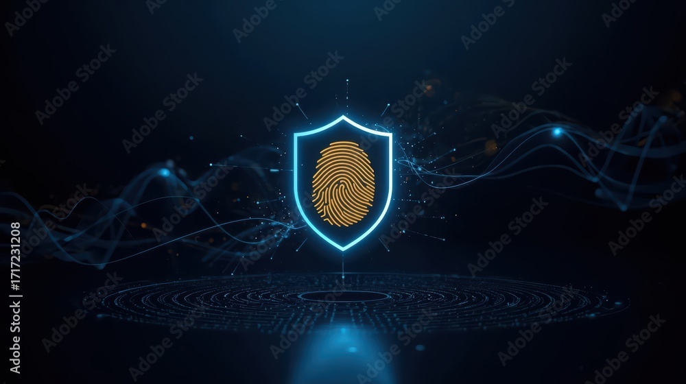 Poster a glowing shield with a fingerprint illuminates against a dark backdrop symbolizing digital security