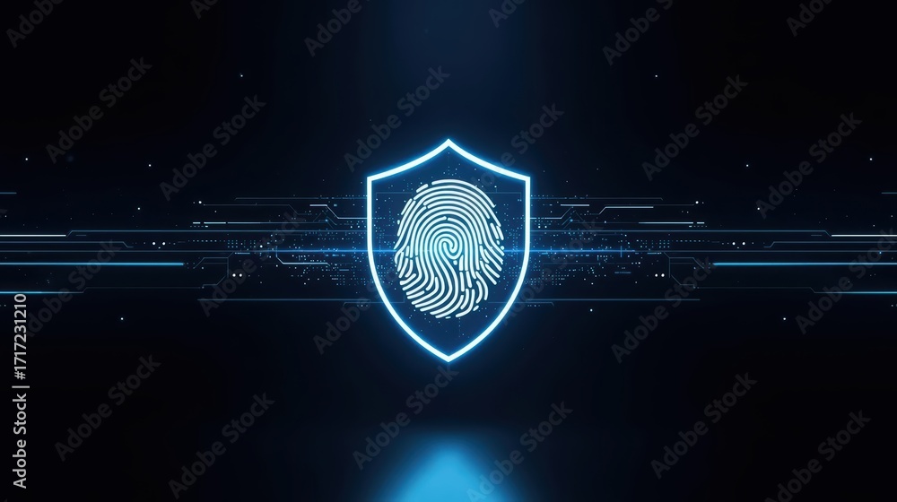 Poster glowing fingerprint inside security shield symbolizes biometric authentication and secure access on 