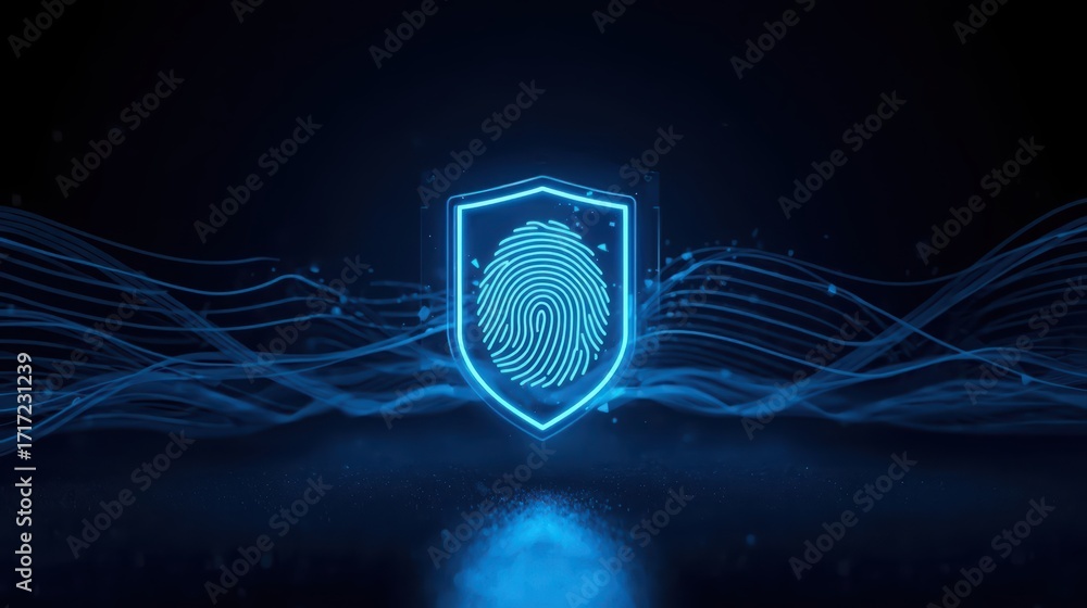 Poster a luminous digital fingerprint glows within a shield against a dark backdrop with undulating light s