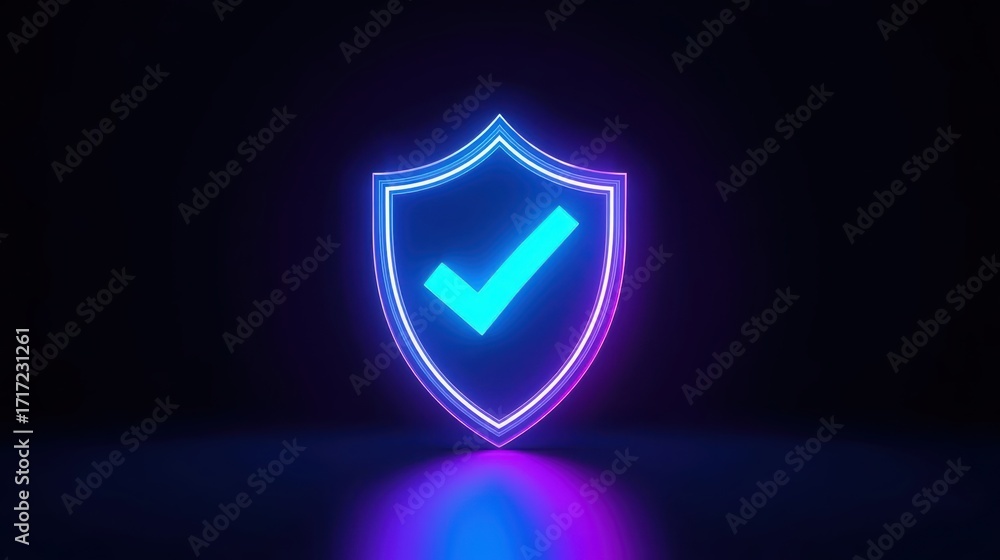 Poster a glowing neon shield emblem with a vibrant checkmark rests on a reflective surface against a dark b
