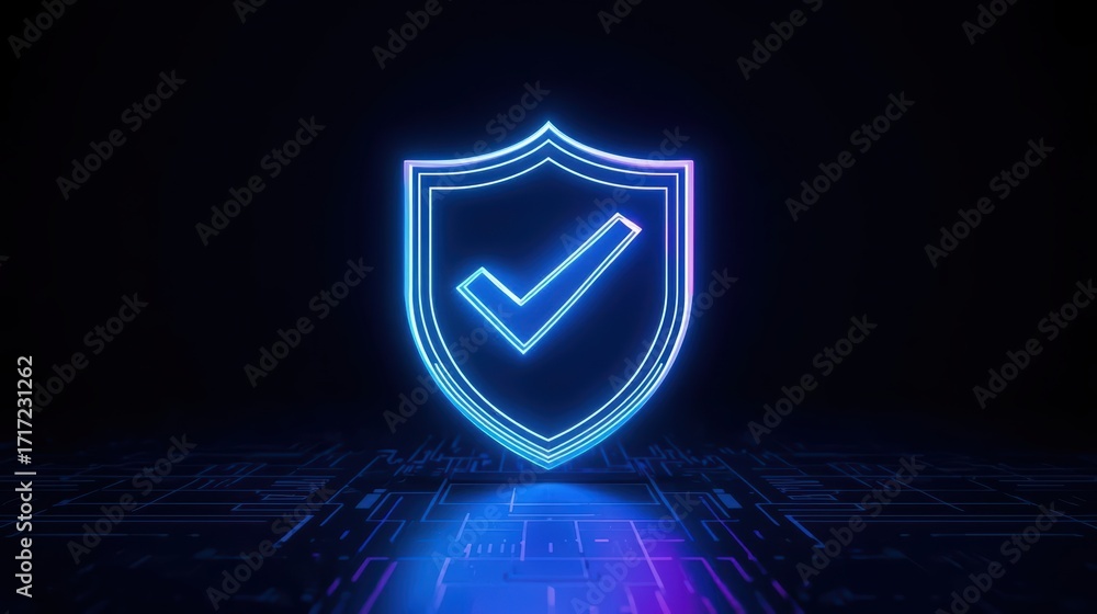 Poster a luminous neon blue checkmark glows within a shield, symbolizing security and data protection again
