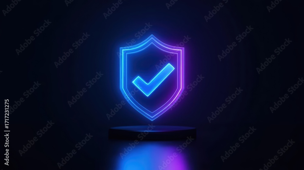 Poster a glowing shield with a checkmark floats above a dark platform, radiating a sense of security and va