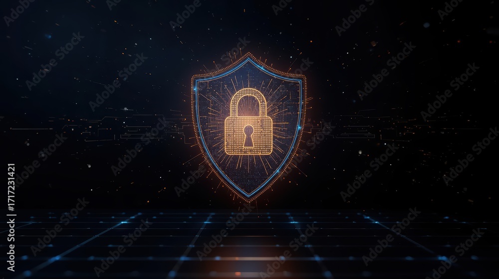 Poster a golden padlock rests inside a glowing shield emblem, emphasizing digital security and protection a