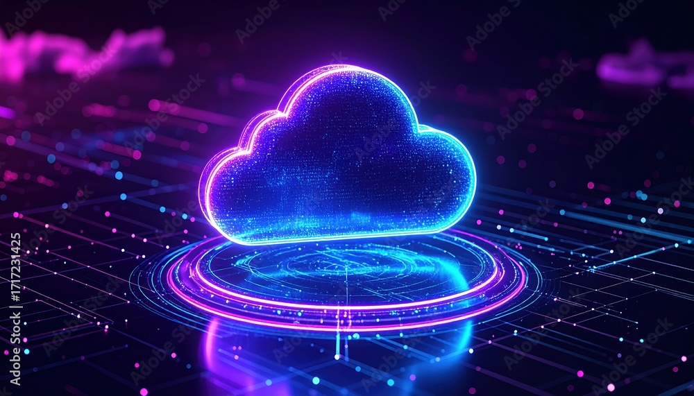 Poster a glowing neon cloud icon hovers above concentric circles amidst a network of connected nodes, repre