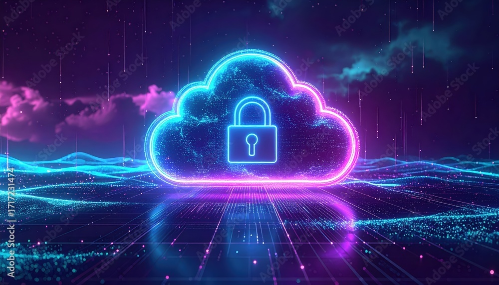 Poster a glowing neon cloud with a padlock symbolizes secure cloud computing and data protection in a vibra