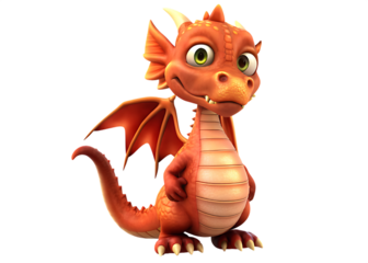 Cute Orange Cartoon Dragon With Green Eyes Standing mythical creature isolated on a transparent background