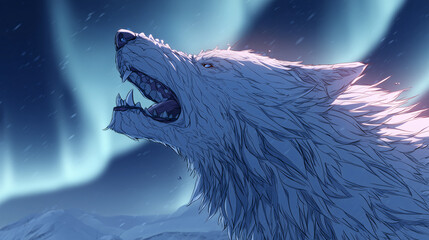 White wolf howling under a northern lights