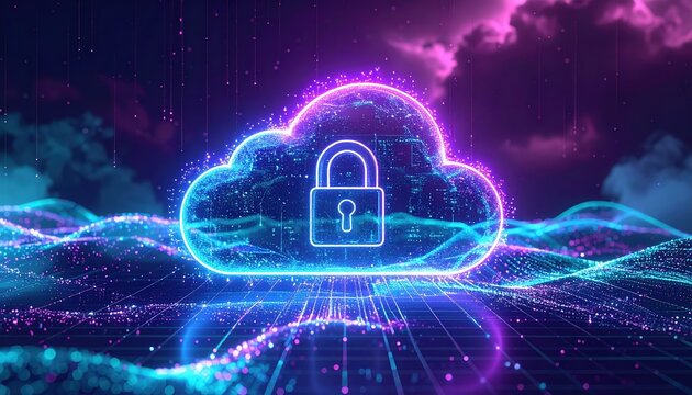 A neon blue cloud with a prominent glowing padlock hovers over a digital wave landscape, signifying cloud security and data protection in a modern age setting.